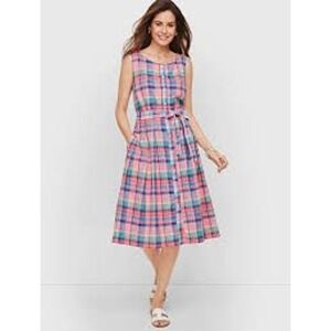 Talbots Womens Pink Blue Plaid Button Front Sleeveless Fit Flare Dress Size 8